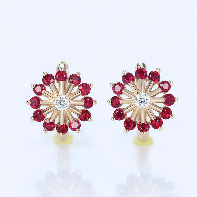 太阳花18K玫瑰金天然红宝石钻石耳环 正红色摩天轮耳扣耳钉女正品