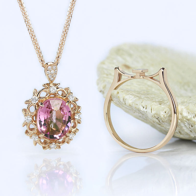 18K玫瑰金天然粉红色碧玺戒指吊坠两用款 镶钻石宝石项链女款正品