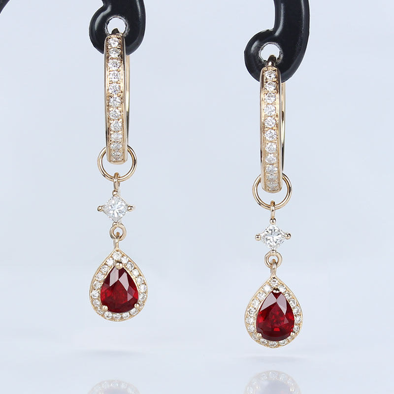 18K玫瑰金天然水滴鸽血红宝石钻石耳环 可拆分多用女耳坠耳扣耳钉