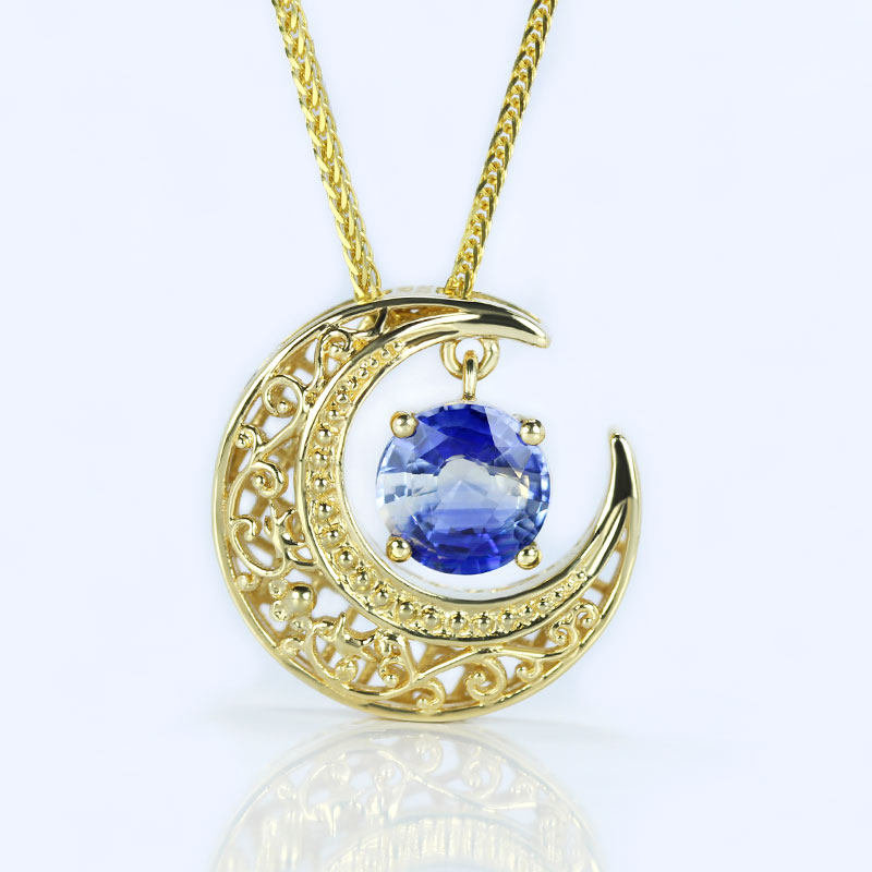 镂花月半弯18K黄金双色无烧蓝宝石吊坠 女款圆形项链复古项链国风