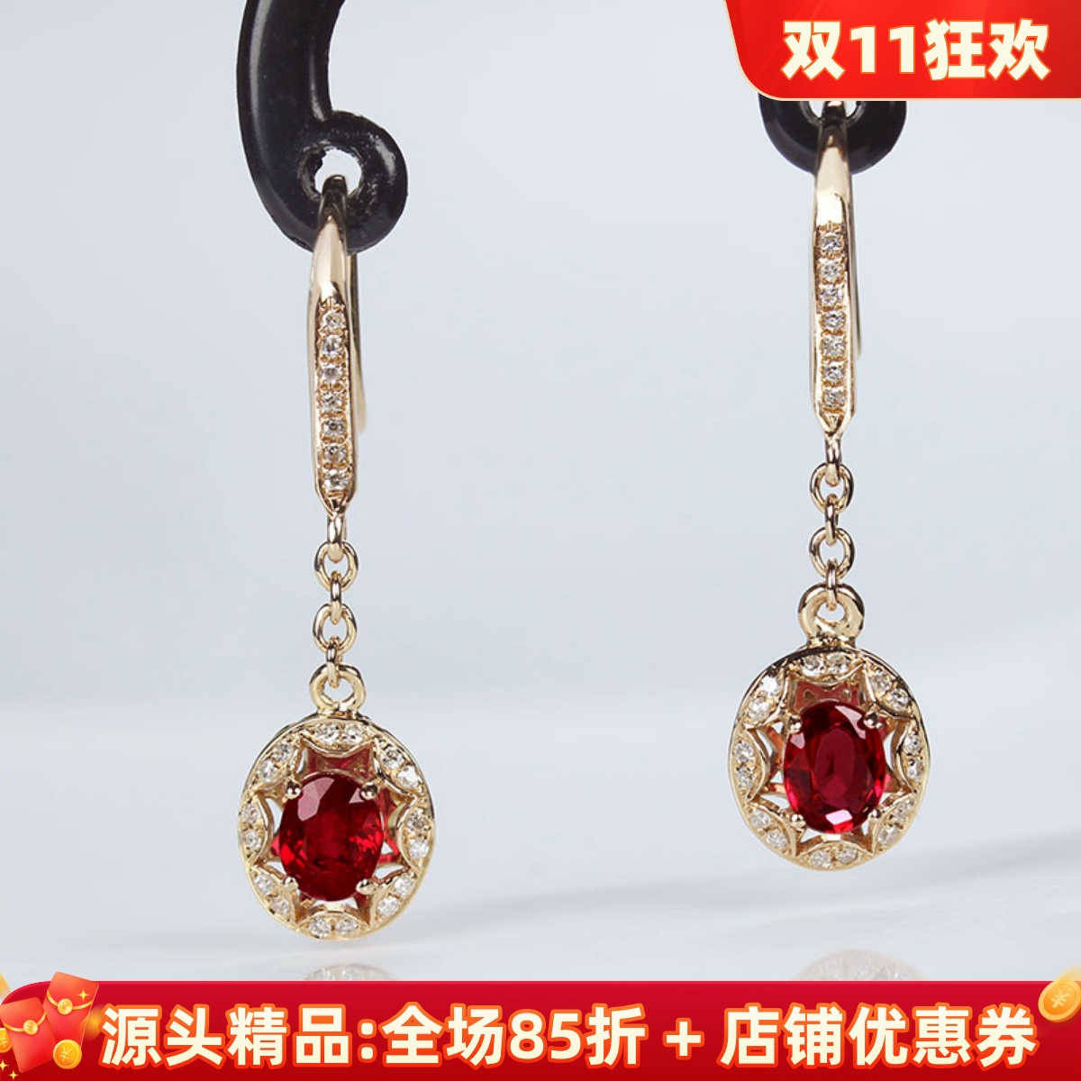 18K玫瑰金天然鸽血红宝石耳坠耳环耳勾 黄金伴钻石复古女耳链定制