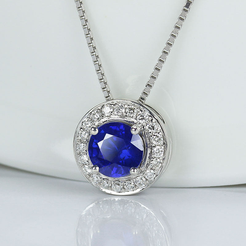 18K白金天然正蓝宝石圆形吊坠 围天然钻石女款镂空项链锁骨链正品