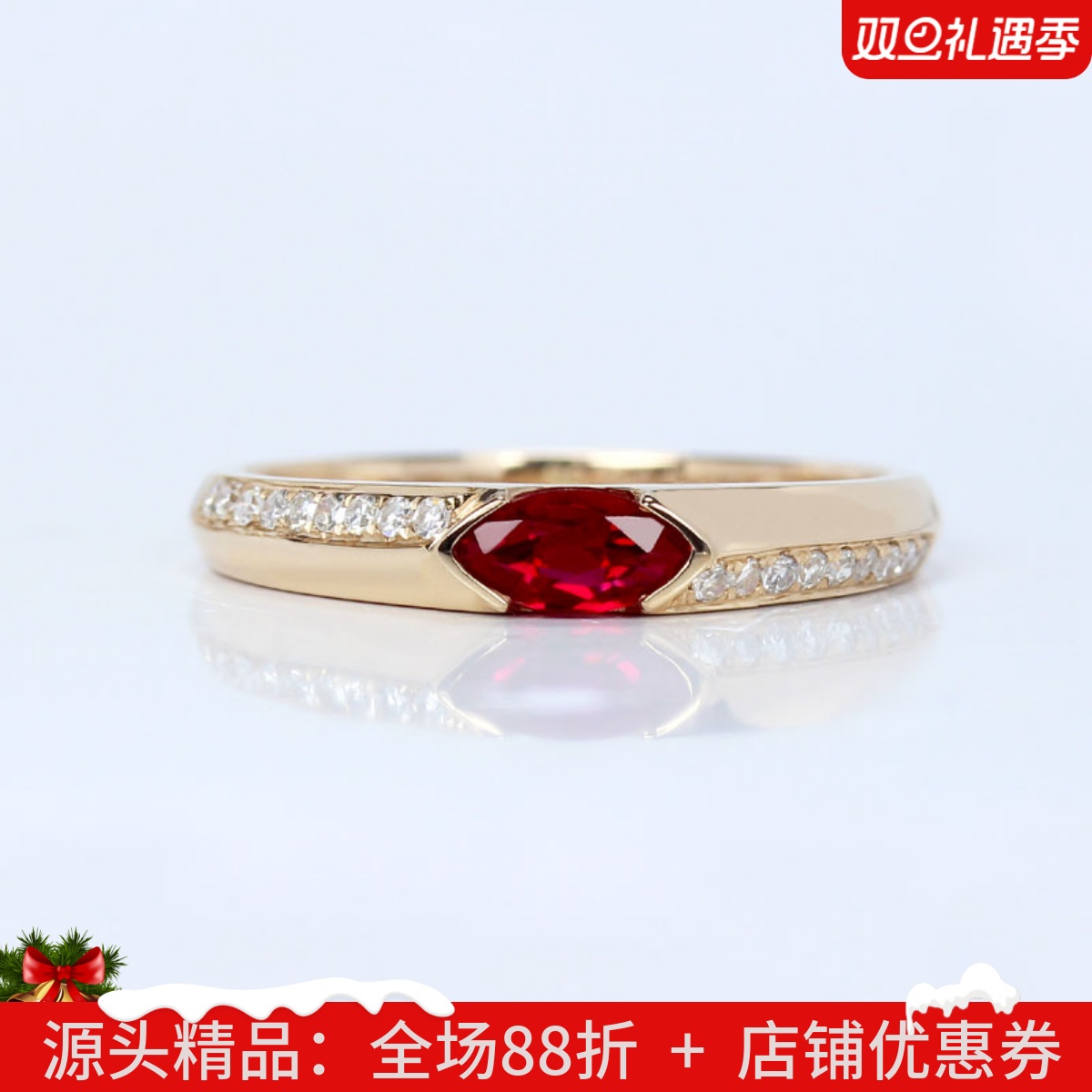 G18k玫瑰金天然鸽血红宝石马眼包角戒指 镶钻石指环女款正品定制