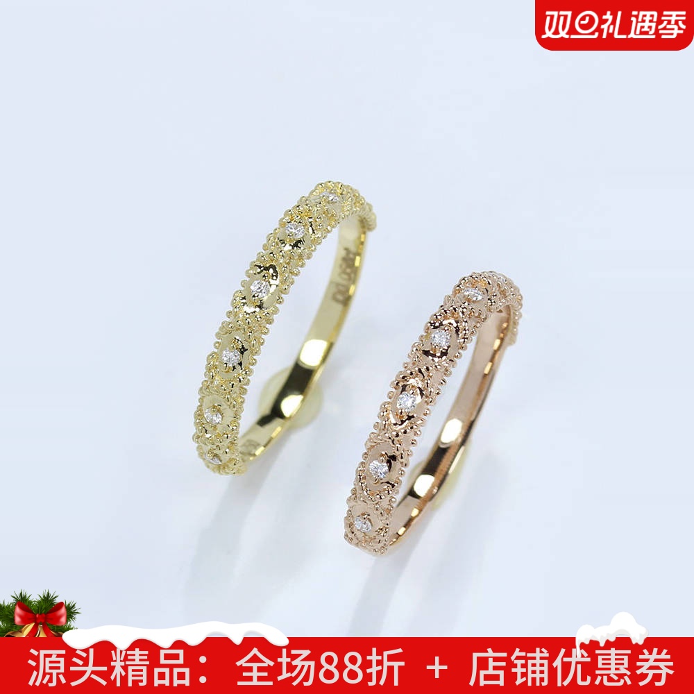 18k玫瑰金天然钻石巴洛克复古戒指 彩金花藤护戒尾戒配套女款定制