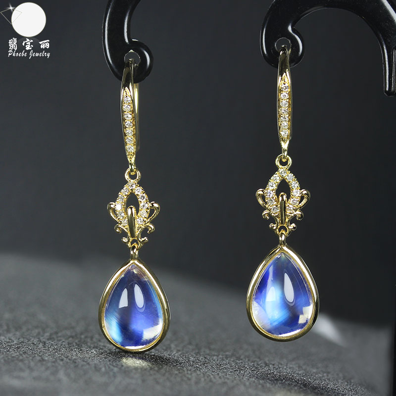 Ï¡ÓÐÌìÈ»¸ßÀ¶¹â±ù²£Á§ÌåÔ¹âʯˮµÎ¶ú×¹ 18k»Æ½ðÔÂÁÁ±¦Ê¯×êʯ¶ú»·