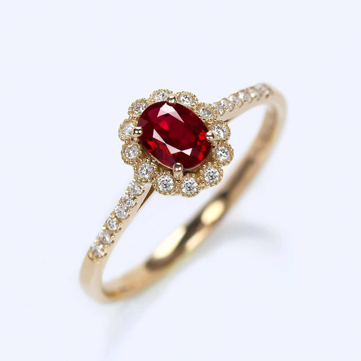 18K玫瑰金天然鸽血红宝石珠边戒指 镶钻石复古经典叠带指环女款