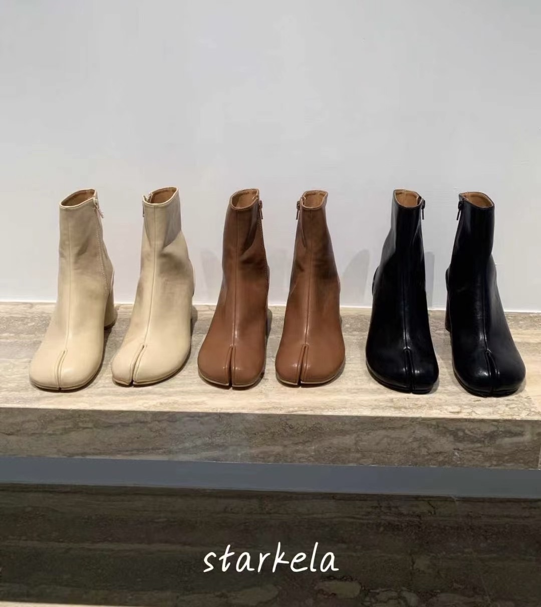 StarKeLa2025冬新款圆跟中跟纯色侧拉链短靴时装靴马吉拉分趾靴女