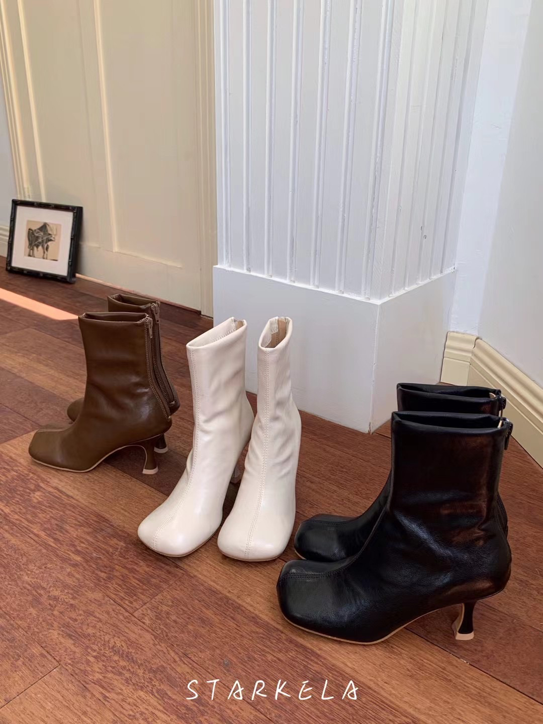 starkela新款网红女方头瘦腿短靴