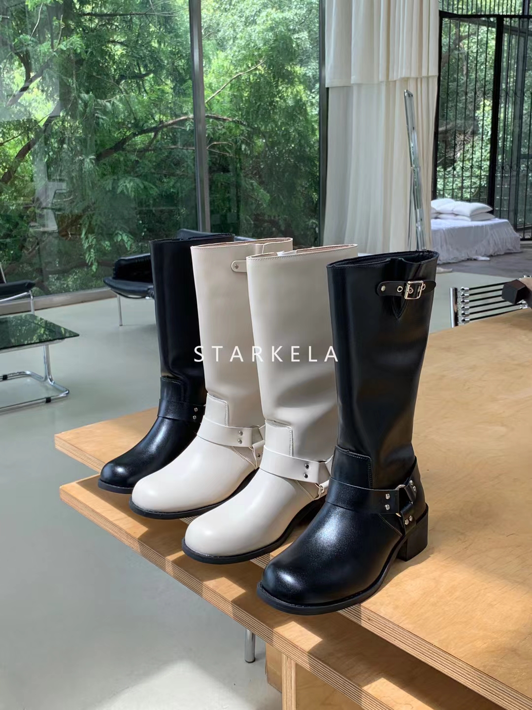 starkela中跟粗跟圆头韩版金属扣不过膝套筒长靴女帅气骑士靴子冬