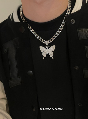 满钻蝴蝶古巴男士项链女
