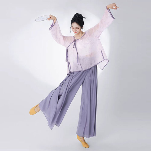 新中式古典舞蹈服女夏辉同款飘逸圆领宽松纱衣练功服中国风表演服