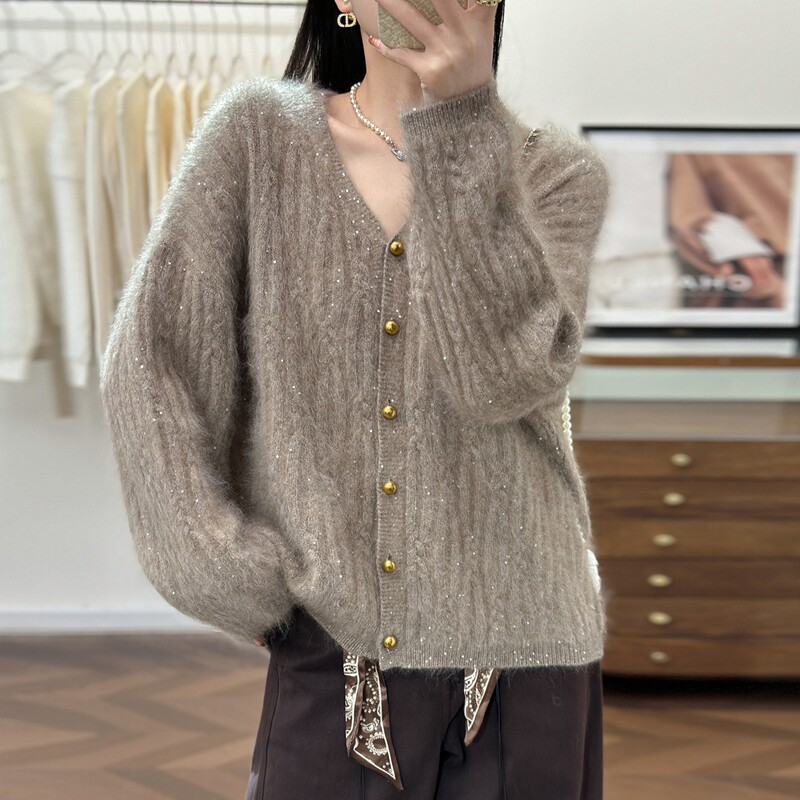 拉绒复古v领麻花针织开衫女秋冬款休闲百搭纯色外搭上衣毛衣外套