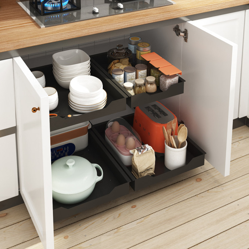 厨房橱柜diy拉篮改造免打孔调味篮抽拉滑轨导轨自制抽屉式置物架
