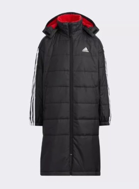阿迪达斯儿童长款聚酯纤维夹棉保暖防风三条纹开身连帽棉服HM7167