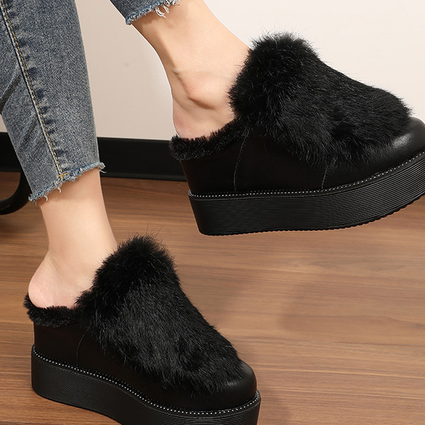 韩版毛毛头层牛皮棉拖鞋女冬季