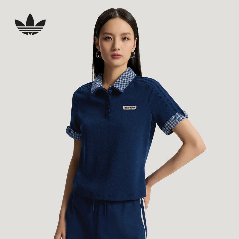 adidas阿迪达斯三叶草格子呢短袖polo衫夏女修身半袖T恤 KU9396
