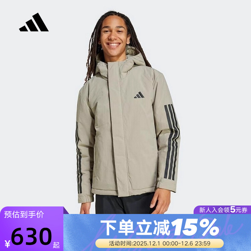 adidas阿迪达斯短款连帽棉服2025秋男三条纹保暖防风棉袄 JY8305