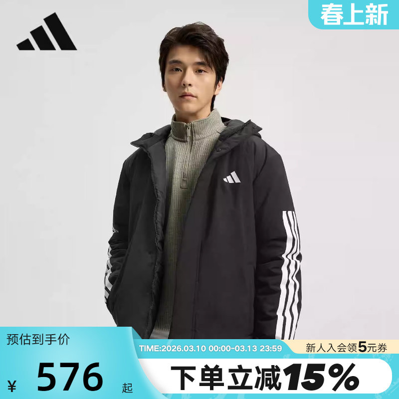 阿迪达斯短款连帽棉服男三条纹拒水防风CLIMAWARM保暖夹克JY8303