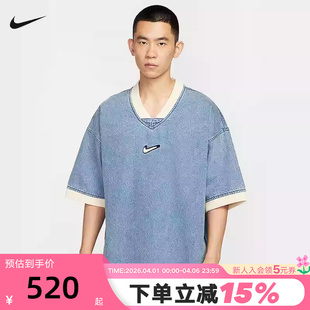 Nike耐克男子宽松复古V领牛仔短袖 436 刺绣篮球运动上衣夏HV1919