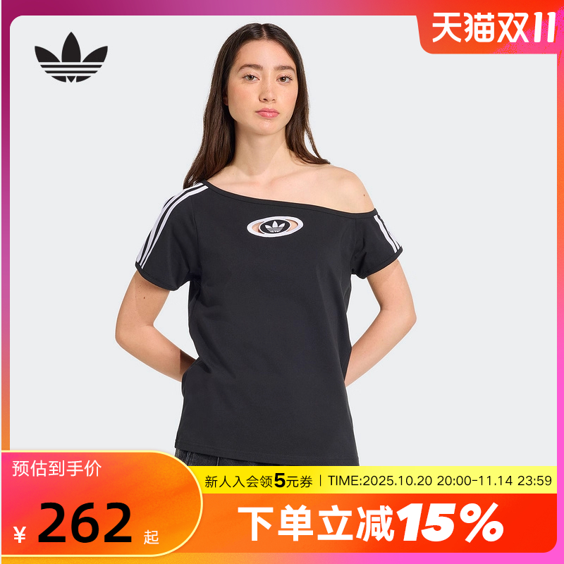 adidas阿迪达斯三叶草不对称斜领露肩半袖2025秋女短袖T恤 KC8796