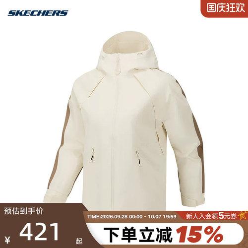 Skechers斯凯奇26春女子休闲舒适百搭连帽梭织外套 P126W049/01B4