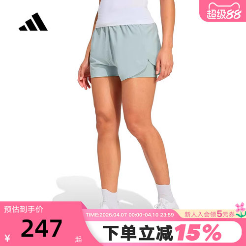 adidas阿迪达斯速干二合一高腰健身三分裤2026春女梭织短裤KE7397