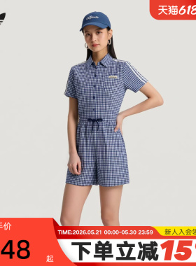 adidas阿迪达斯三叶草格子呢长裙2026夏女拉绳收腰连衣裙 KU9400