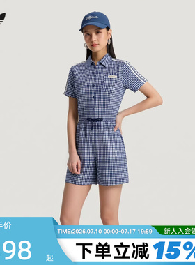 adidas阿迪达斯三叶草格子呢长裙2026夏女拉绳收腰连衣裙 KU9400