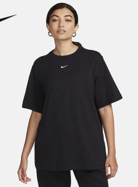 NIKE耐克休闲厚实短袖女上衣运动宽松简约黑色棉质T恤FD4150-010