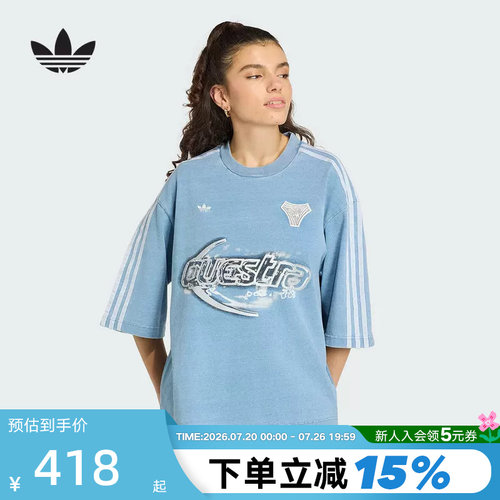 adidas阿迪达斯三叶草棉质牛仔布大号半袖丝印图案短袖T恤 KZ5011
