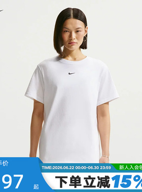 NIKE耐克短袖女夏季印花小标宽松棉质白色圆领运动T恤IH7602-100
