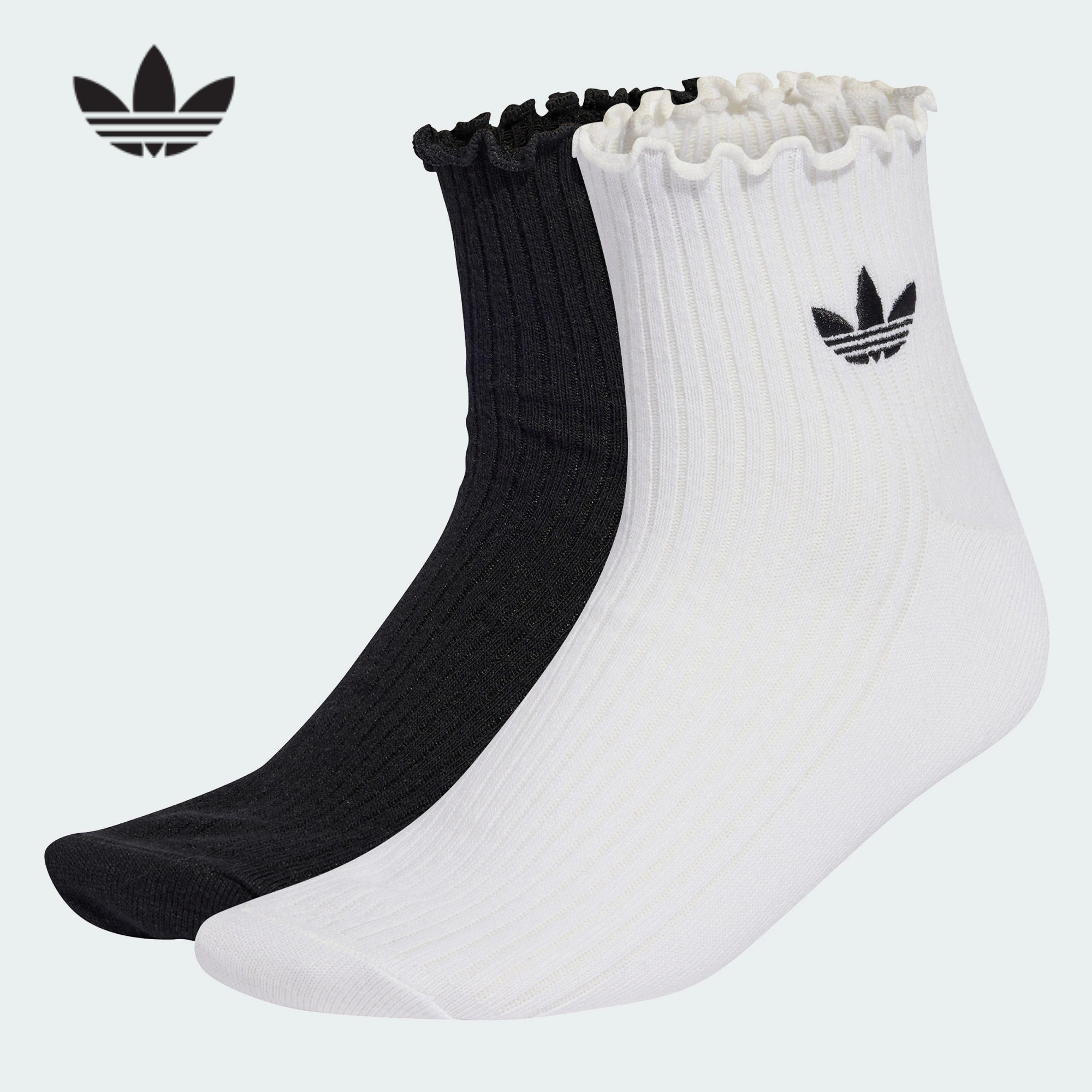adidas阿迪达斯三叶草黑白荷叶边短袜2026春女两双装袜子 KD8367