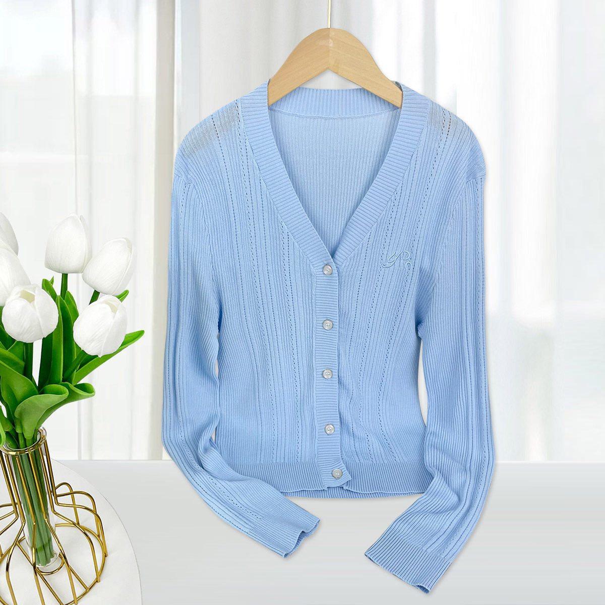 春夏款V领薄款空调衫外套女 纯色百搭显瘦修身长袖上衣针织衫