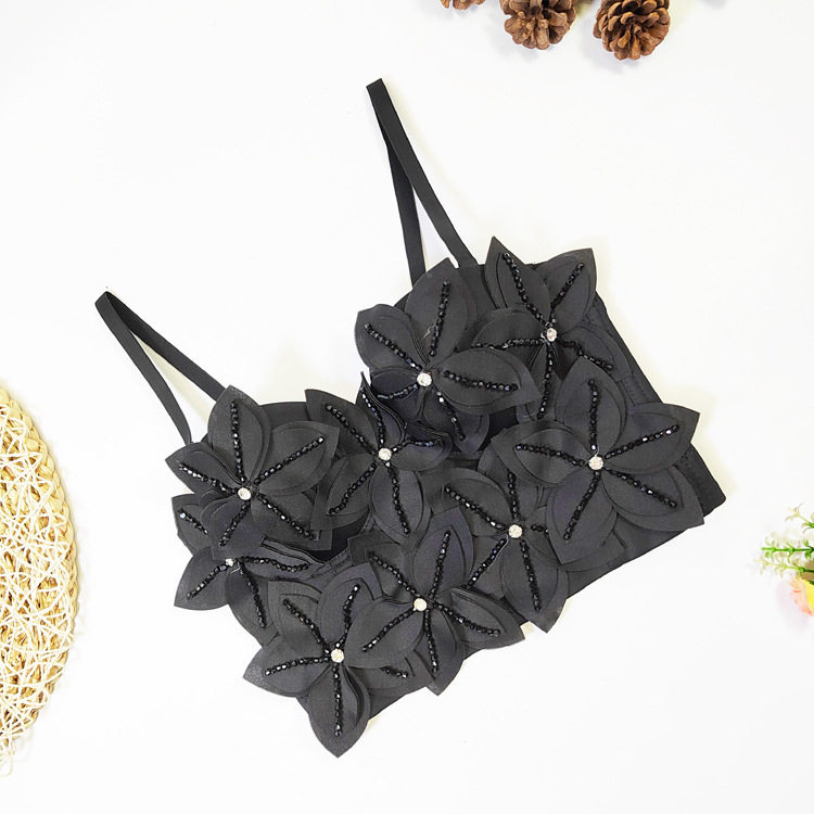 英伦风立体花朵钉珠抹胸上衣高级感外穿加厚胸垫一体式固定杯吊带