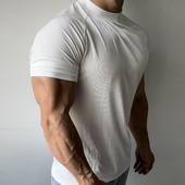 小领口透气撸铁训练健身衣 男T恤弹力速干插肩袖 夏季 运动户外短袖