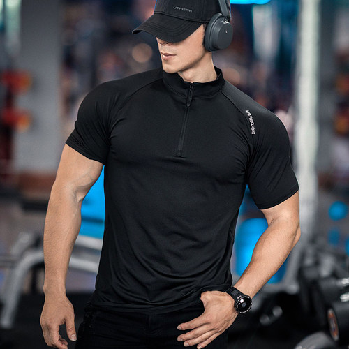美式潮牌半拉链运动短袖男T恤