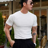 欧美潮牌运动短袖 男竖条纹休闲圆领T恤肌肉速干弹力跑步健身衣服