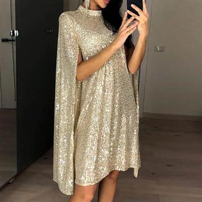 Women Sequin party dress 欧美时尚披风亮片生日派对连衣裙