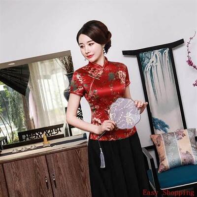 Cheongsam Chinese Qipao中国风春夏新款改良旗袍上衣短款绸缎5xl