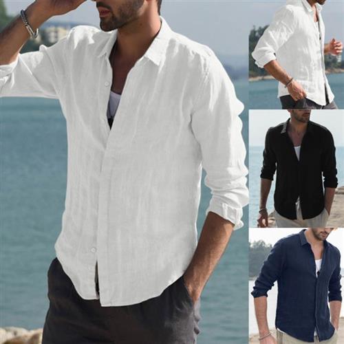 2024新款男士长袖棉麻衬衫欧美纯色大码休闲开衫衬衣潮Men Shirts