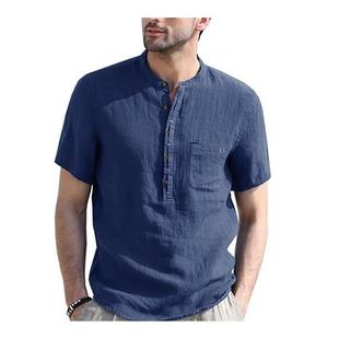 shirts for men polo shirts tshirt亨利领纯色短袖衬衫棉麻衬衣