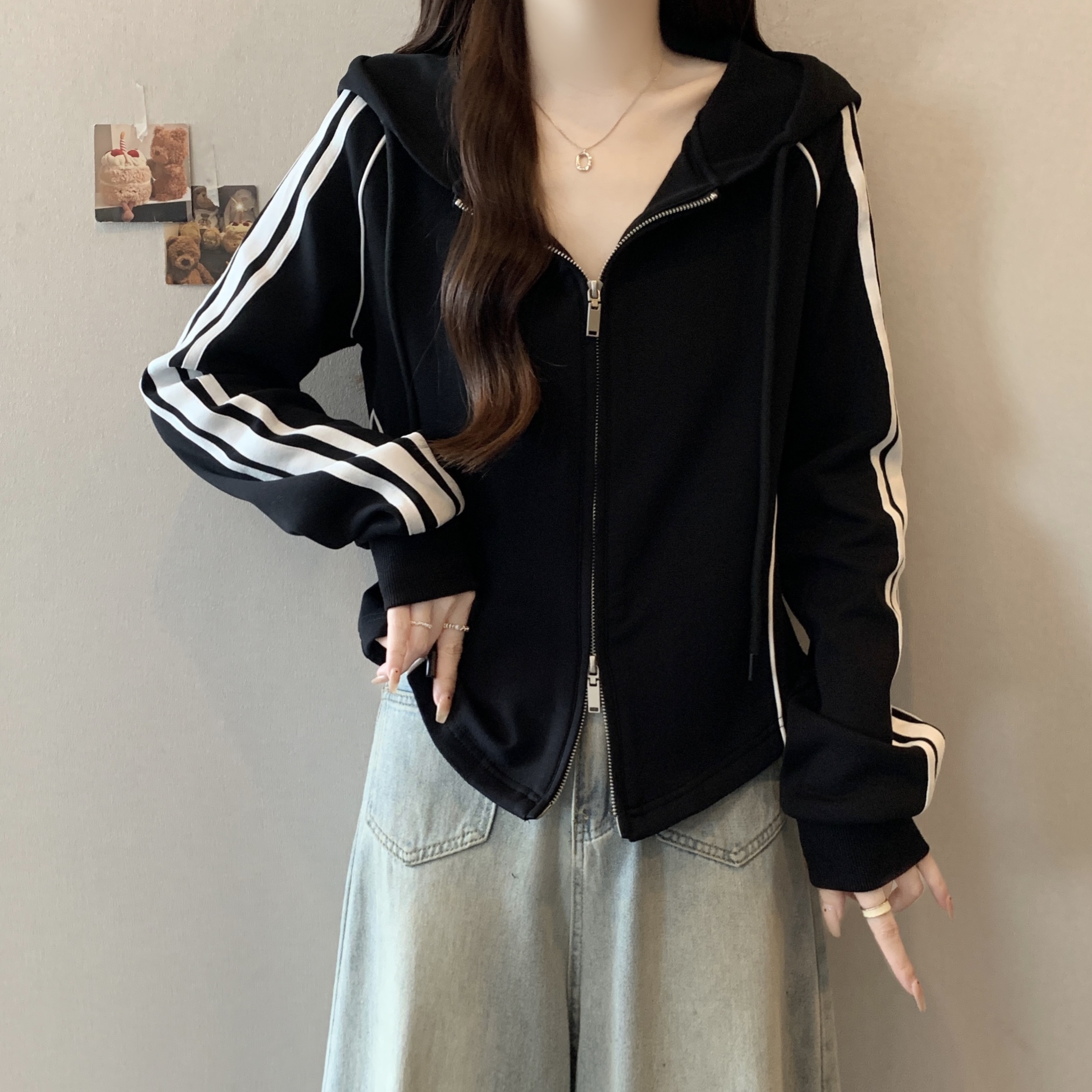 实拍~胖MM大码美式黑色连帽卫衣休闲双拉链长袖外套上衣