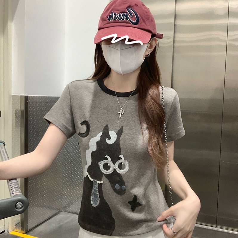 实拍羊绒260克不抓毛短袖t恤女装夏新款刺绣手工串珠圆领上衣
