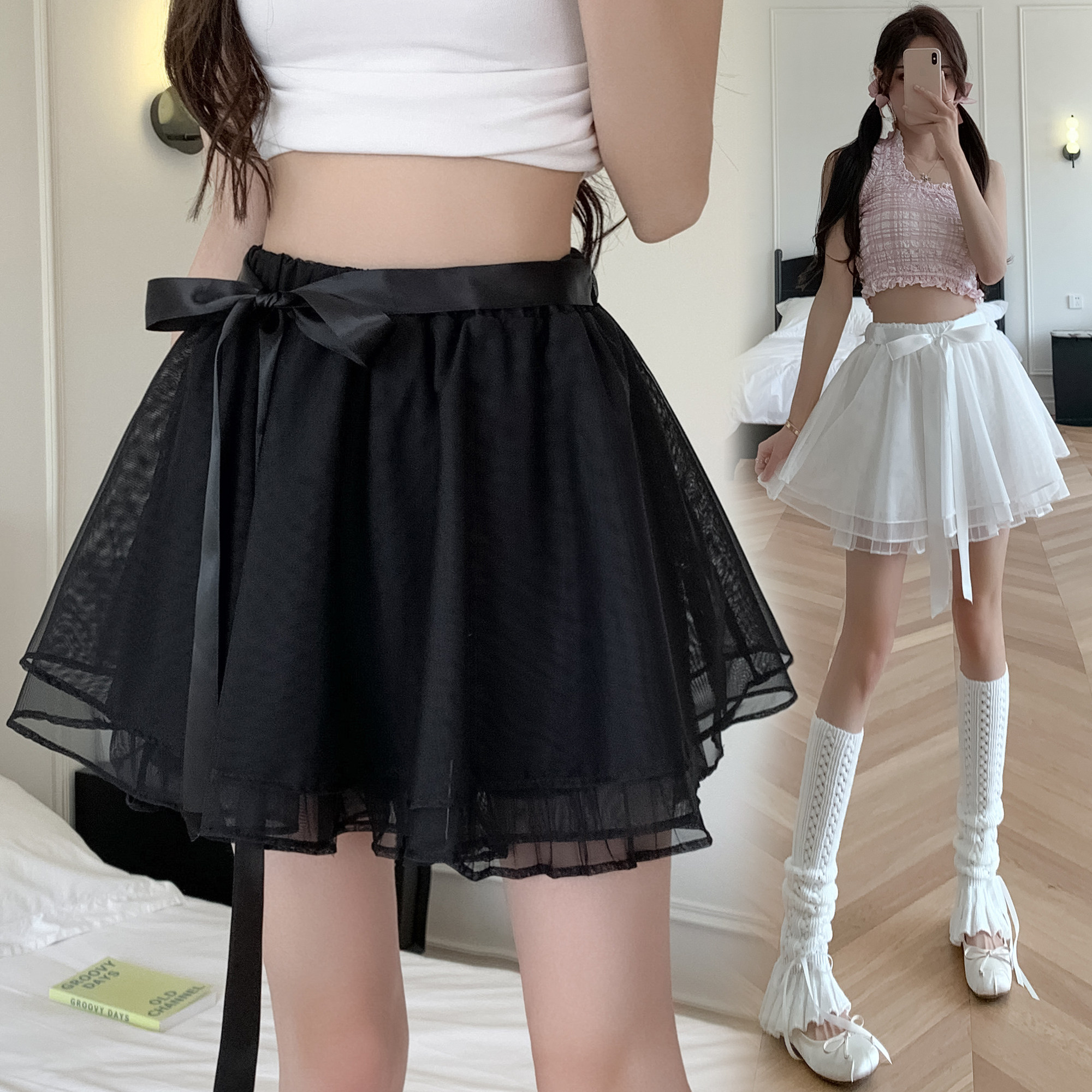 实拍芭蕾少女高级感网纱丝带蓬蓬裙2025春夏简约半身裙内衬百褶裙