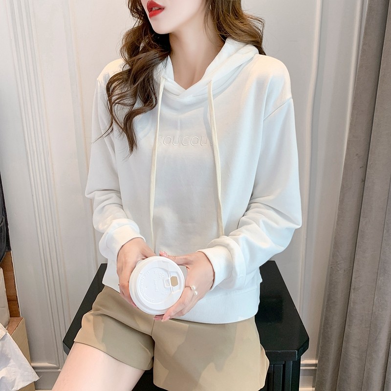 2025实拍早秋装新款高密字母刺绣百搭连帽长袖抽绳秋款白色卫衣