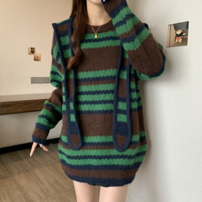 实拍原版加厚拼色条纹圆领长袖针织女2025秋冬季新款慵懒优雅上衣