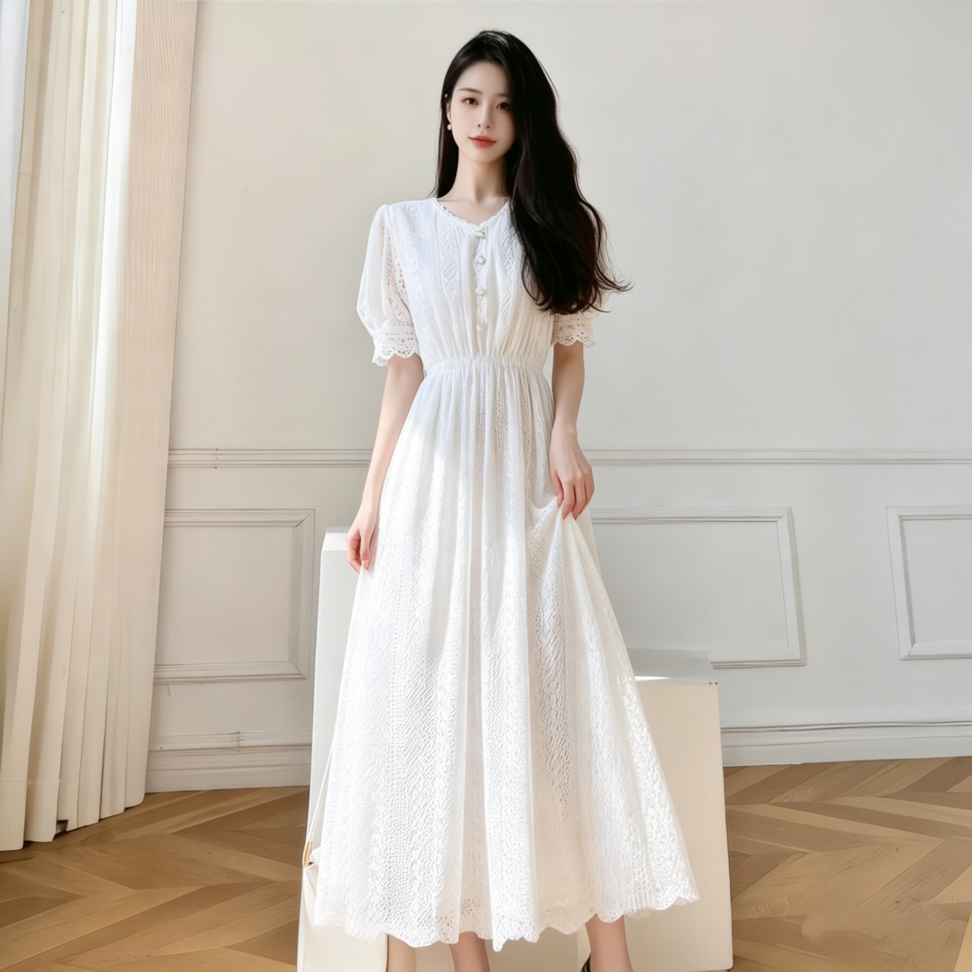 2026新款蕾丝连衣裙女仙女超仙森系裙子长款法式收腰气质长裙夏季