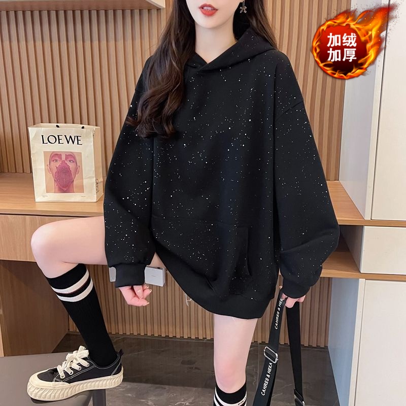实拍仿华棉复真超2025秋冬新款加绒亮闪闪连帽卫衣女大码外套