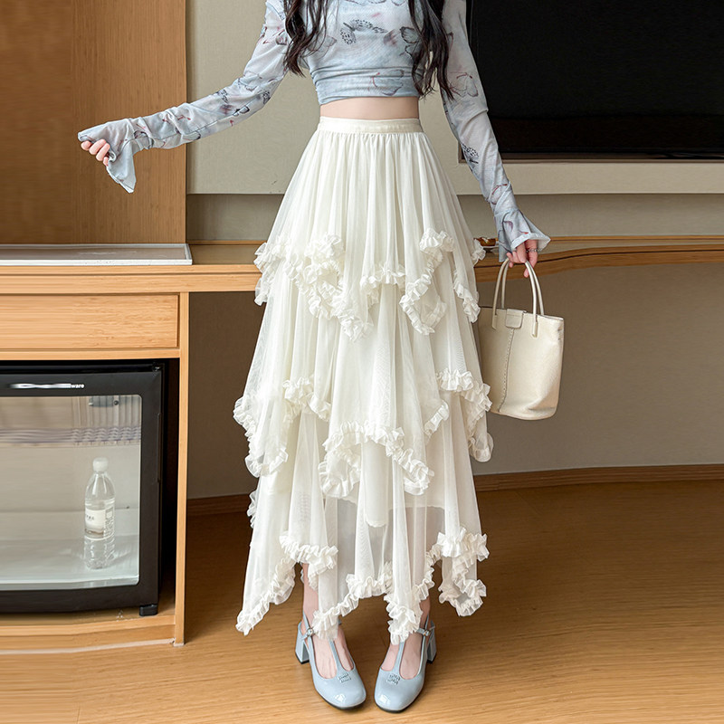 实拍2026年白色蕾丝半身裙女春新款A字纱裙甜美公主蓬蓬蛋糕长裙