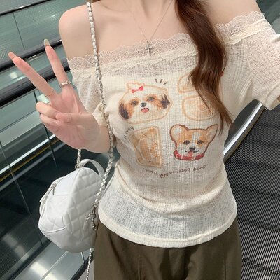 实拍200克原版短袖t恤女装夏季新款潮韩系蕾丝一字肩方领上衣